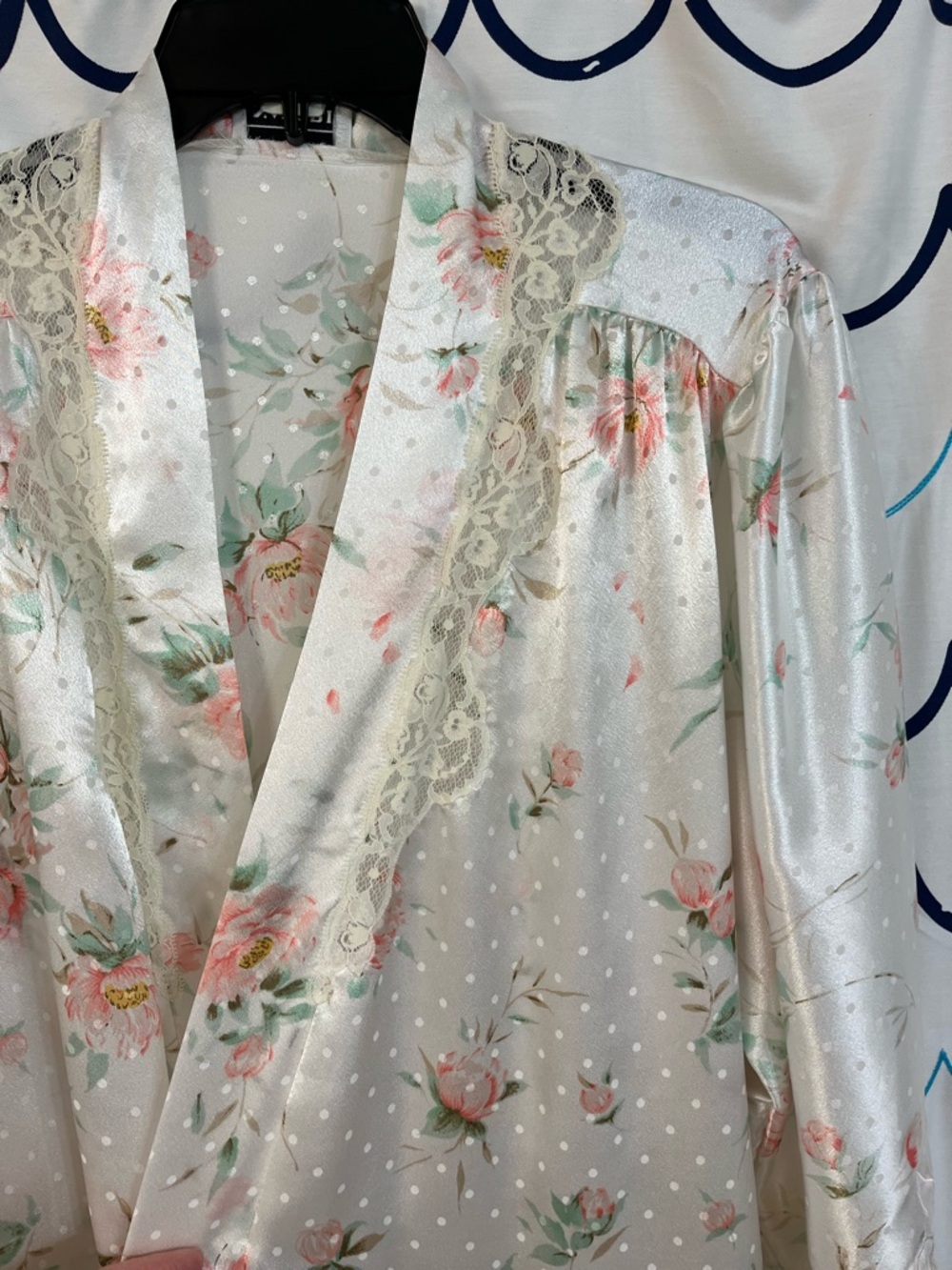 Natori Ivory Satin Floral Robe with Pink & Mint Accents